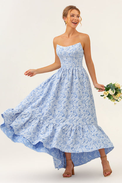 Blue Floral Strapless Coret High Low Bridesmaid Dress
