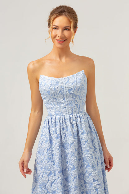 Blue Floral Strapless Coret High Low Bridesmaid Dress