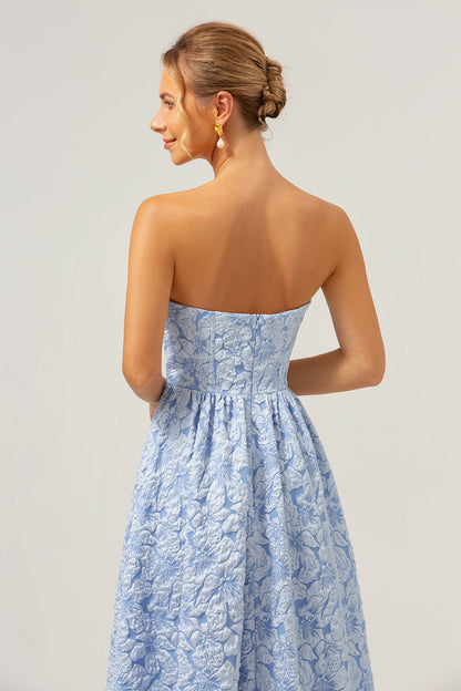 Blue Floral Strapless Coret High Low Bridesmaid Dress