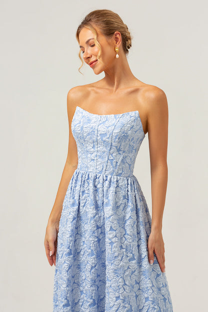 Blue Floral Strapless Coret High Low Bridesmaid Dress
