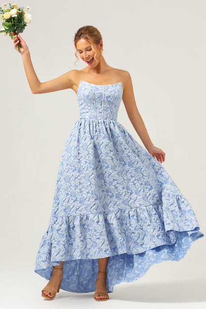 Blue Floral Strapless Coret High Low Bridesmaid Dress