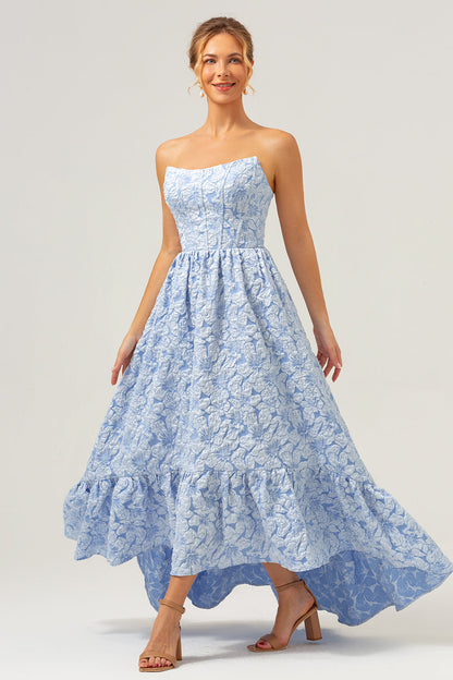 Blue Floral Strapless Coret High Low Bridesmaid Dress