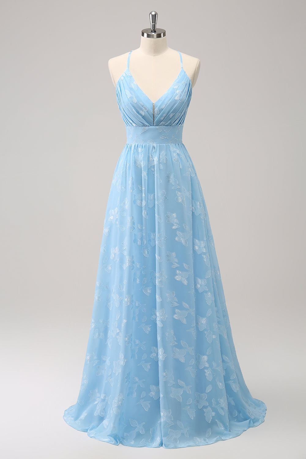 Sparkly Light Blue V-Neck Floral Pleated Bridesmaid Dress