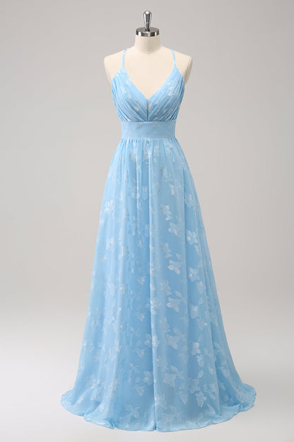 Sparkly Light Blue V-Neck Floral Pleated Bridesmaid Dress