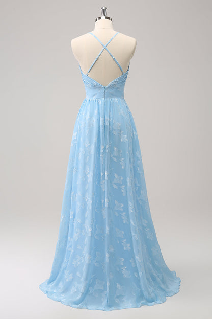 Sparkly Light Blue V-Neck Floral Pleated Bridesmaid Dress