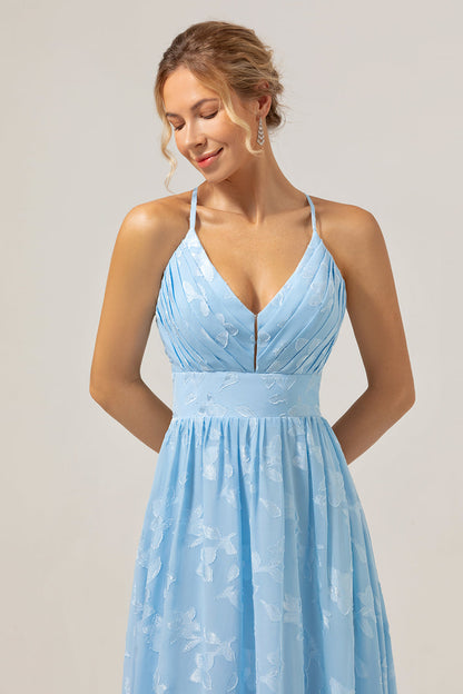Sparkly Light Blue V-Neck Floral Pleated Bridesmaid Dress