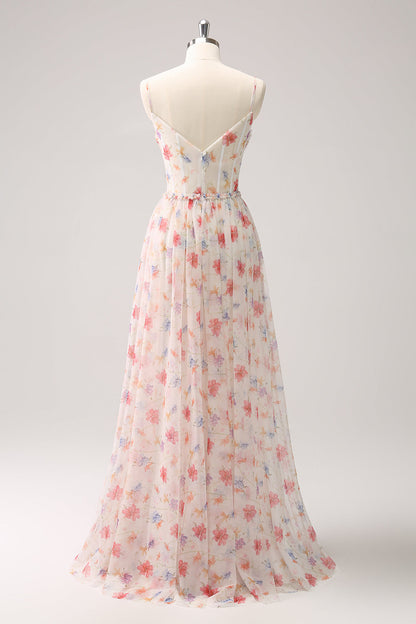 White Red Floral Corset Spaghetti Straps Long Bridesmaid Dress
