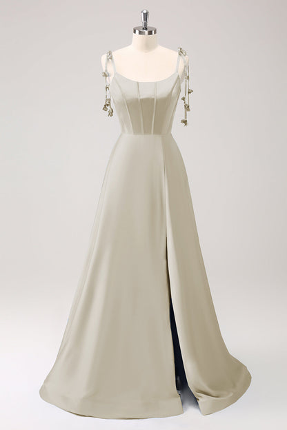Eucalyptus A Line Spaghetti Straps Satin Floor Length Dress with Slit