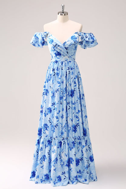 Blue Floral A-Line Bridesmaid Dress with Ruffles