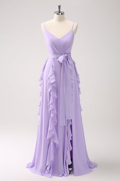 Lilac A-Line Spaghetti Straps Long Bridesmaid Dress With Slit