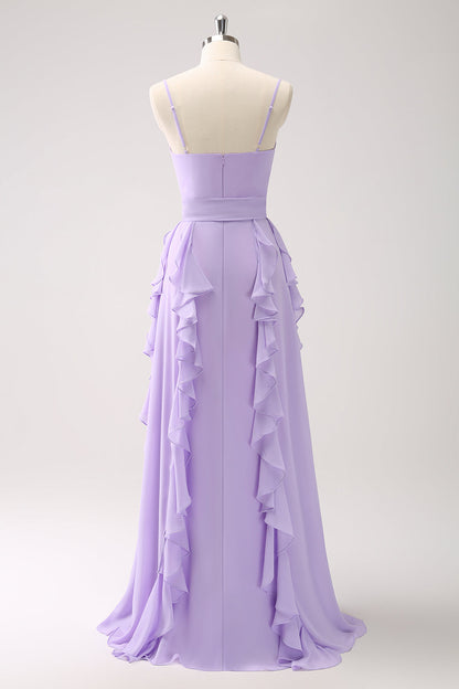Lilac A-Line Spaghetti Straps Long Bridesmaid Dress With Slit