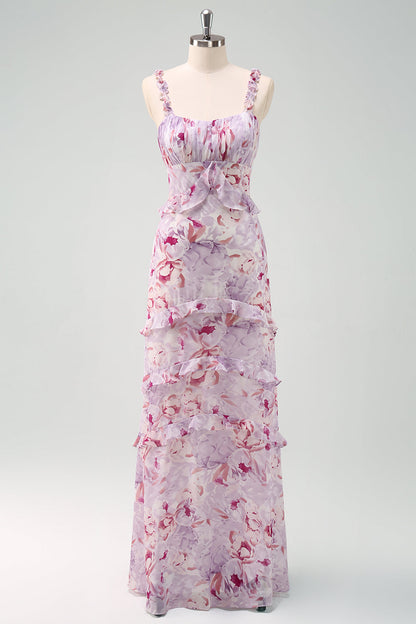 Grey Purple Sheath Ruffled Floral Long Bridesmaid Dress