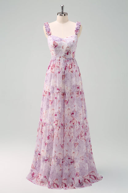 Grey Purple Chiffon Floral Long Bridesmaid Dress