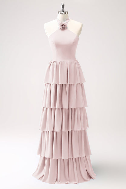 Dusty Blue Tiered Chiffon Bridesmaid Dress with Flower