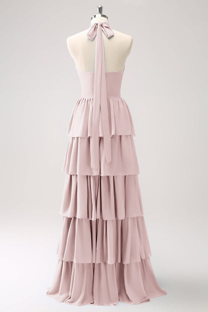 Dusty Blue Tiered Chiffon Bridesmaid Dress with Flower