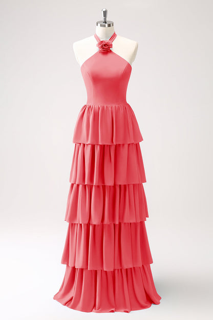 Pine Tiered Chiffon Bridesmaid Dress with Flower
