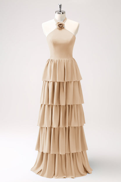 Dusty Blue Tiered Chiffon Bridesmaid Dress with Flower