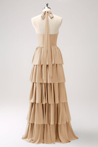 Dusty Blue Tiered Chiffon Bridesmaid Dress with Flower