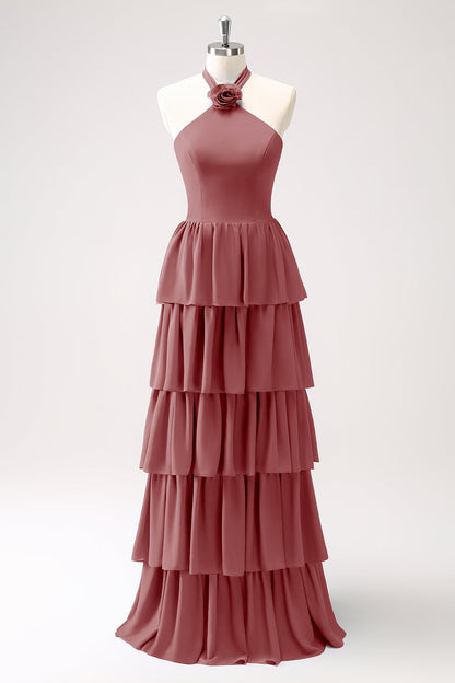 Dusty Blue Tiered Chiffon Bridesmaid Dress with Flower