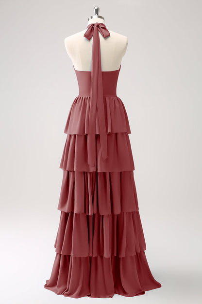 Dusty Blue Tiered Chiffon Bridesmaid Dress with Flower