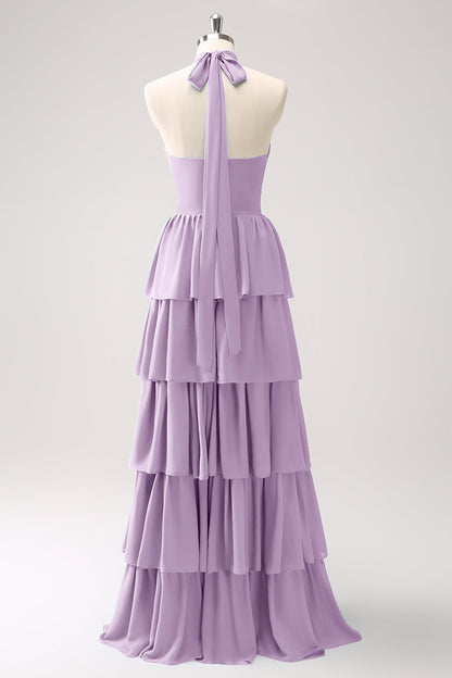 Blue Tiered Chiffon Bridesmaid Dress with Flower
