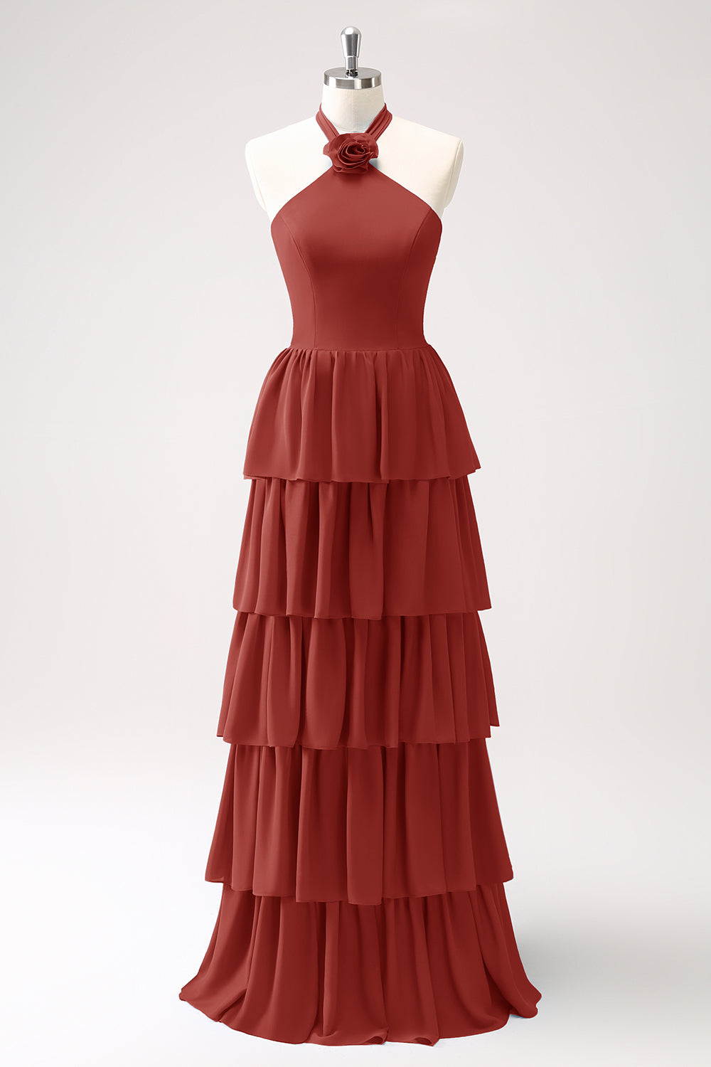 Dusty Blue Tiered Chiffon Bridesmaid Dress with Flower
