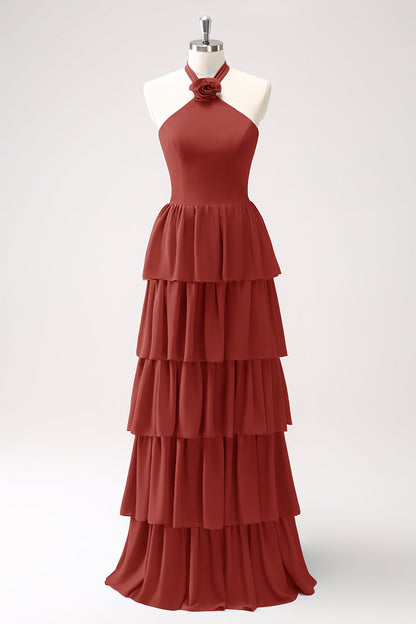 Dusty Blue Tiered Chiffon Bridesmaid Dress with Flower