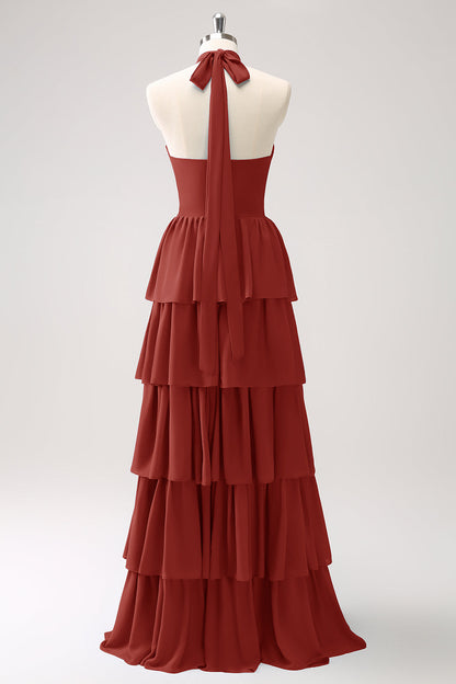Dusty Blue Tiered Chiffon Bridesmaid Dress with Flower