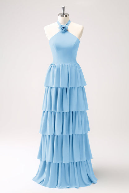 Dusty Blue Tiered Chiffon Bridesmaid Dress with Flower