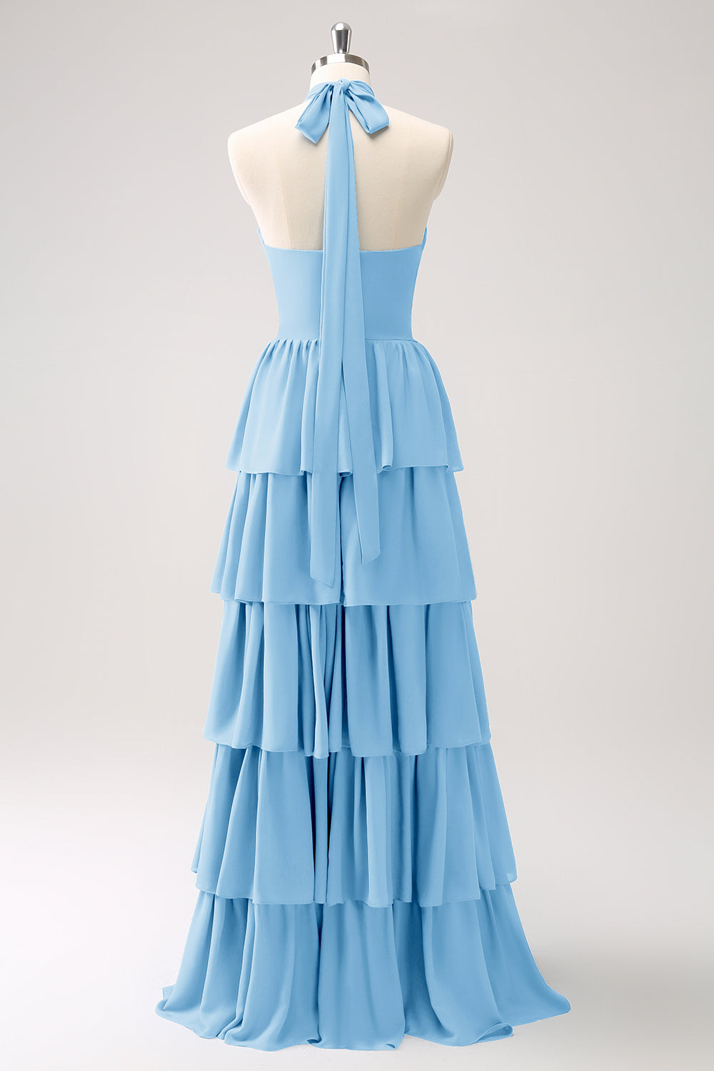 Dusty Blue Tiered Chiffon Bridesmaid Dress with Flower