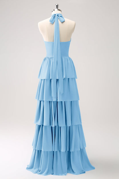 Dusty Blue Tiered Chiffon Bridesmaid Dress with Flower