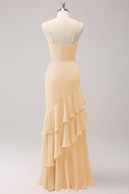 Dusty Blue Spaghetti Straps Mermaid Bridesmaid Dress with Ruffles