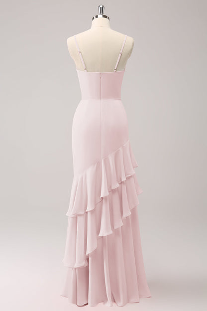 Pink Spaghetti Straps Mermaid Bridesmaid Dress with Ruffles