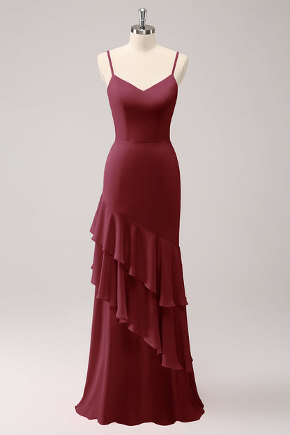 Pink Spaghetti Straps Mermaid Bridesmaid Dress with Ruffles