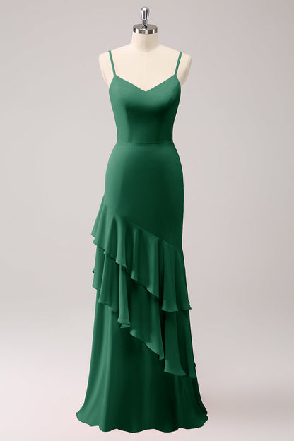 Dusty Blue Spaghetti Straps Mermaid Bridesmaid Dress with Ruffles