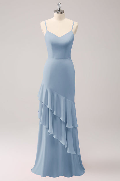 Dusty Blue Spaghetti Straps Mermaid Bridesmaid Dress with Ruffles
