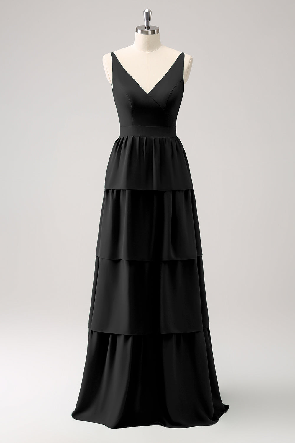 Royal Blue A Line V-Neck Tiered Long Bridesmaid Dress