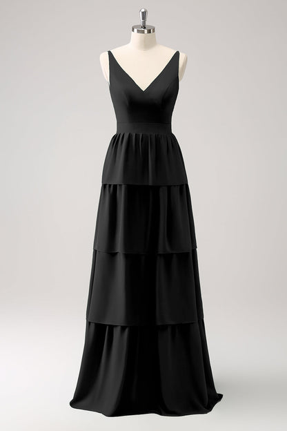 Royal Blue A Line V-Neck Tiered Long Bridesmaid Dress