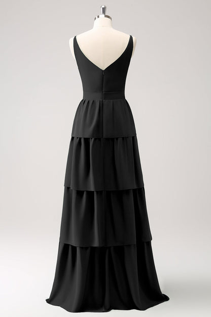 Royal Blue A Line V-Neck Tiered Long Bridesmaid Dress