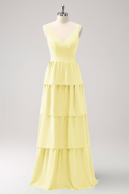 Royal Blue A Line V-Neck Tiered Long Bridesmaid Dress