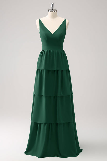 Royal Blue A Line V-Neck Tiered Long Bridesmaid Dress