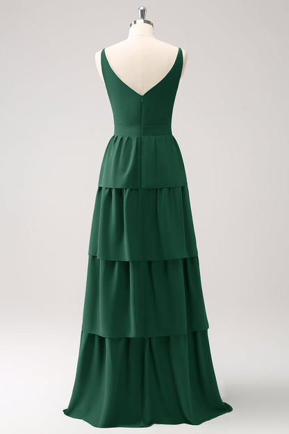 Royal Blue A Line V-Neck Tiered Long Bridesmaid Dress