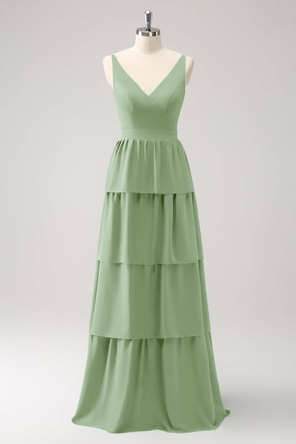 Sky Blue A Line V-Neck Tiered Long Bridesmaid Dress