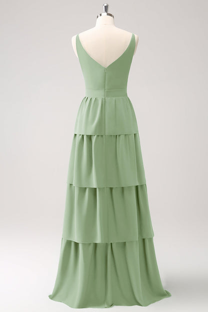 Sky Blue A Line V-Neck Tiered Long Bridesmaid Dress