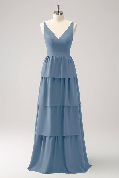 Dusty Blue A Line V-Neck Tiered Long Bridesmaid Dress