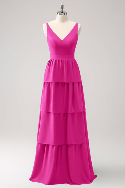 Dusty Blue A Line V-Neck Tiered Long Bridesmaid Dress