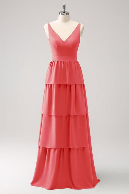 Royal Blue A Line V-Neck Tiered Long Bridesmaid Dress