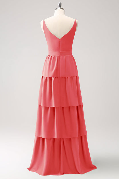 Royal Blue A Line V-Neck Tiered Long Bridesmaid Dress
