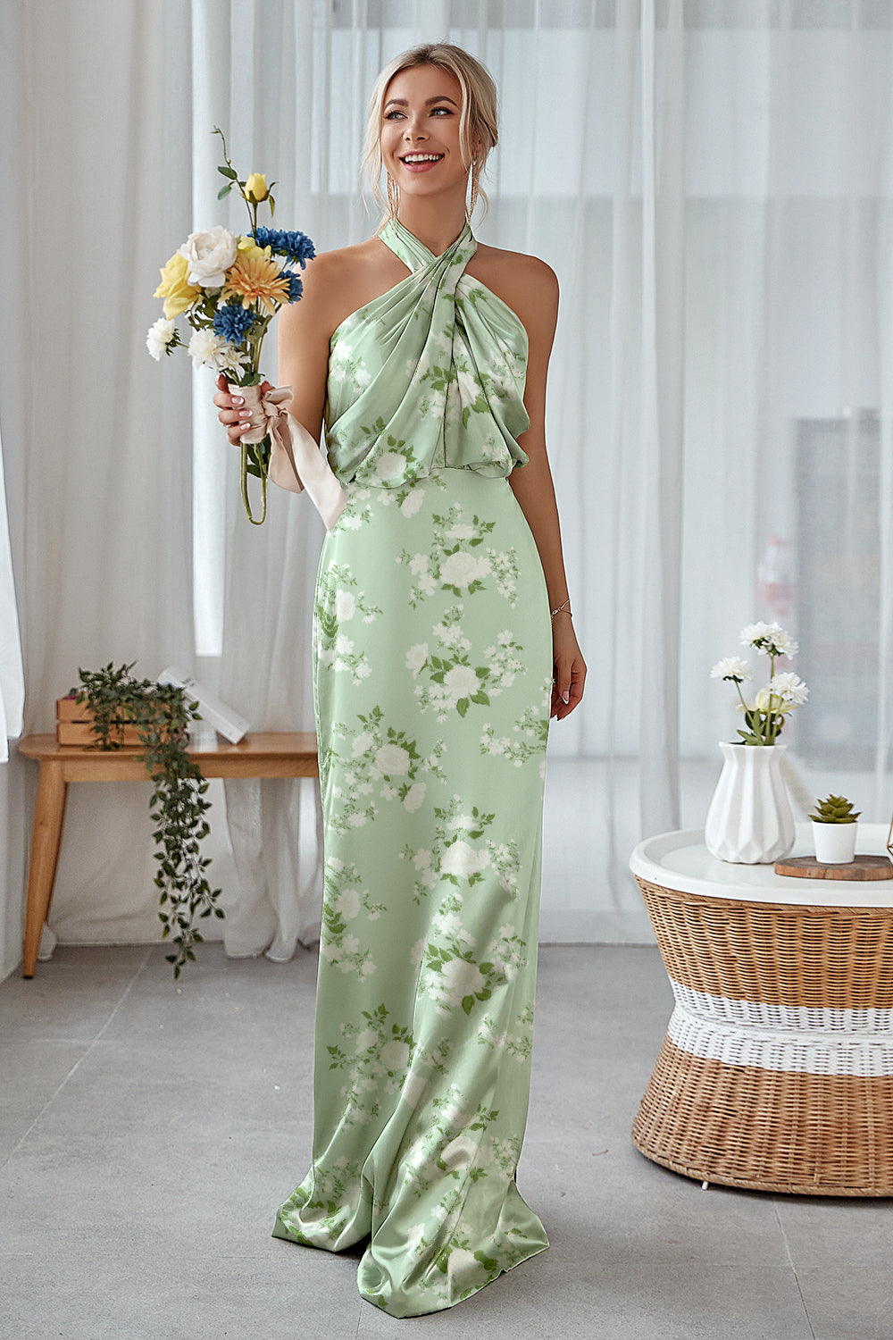 Floral Sage White Sheath Plus Size Halter Long Bridesmaid Dress
