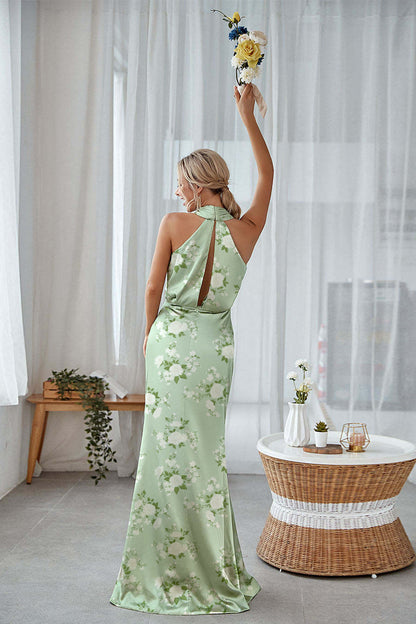 Blue White Flower Sheath Halter Long Bridesmaid Dress